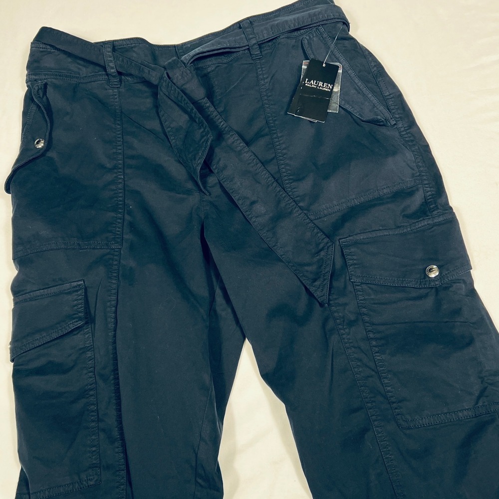 Lauren Ralph‎ Lauren Navy Blue Belted Cargo Pants Cotton Size 14 NEW